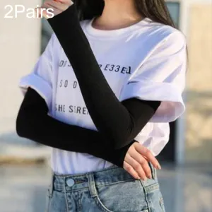 2 Pairs Long Ice Silk Sunscreen Sleeves Cycling Driving Outdoor UV Arm Oversleeve,  Length: 38cm(Black)