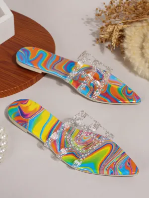 2024 Summer Chic: Colorful Transparent Flat Sandals with Rhinestone Embellishments