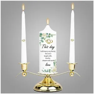 3 Unity Floral Candles for Wedding Ceremony Set with Perfect Golden Candle Holder, Fit for White Taper Pillar Candles, Religious Wedding Anniversary Big Events Gifts for Couple