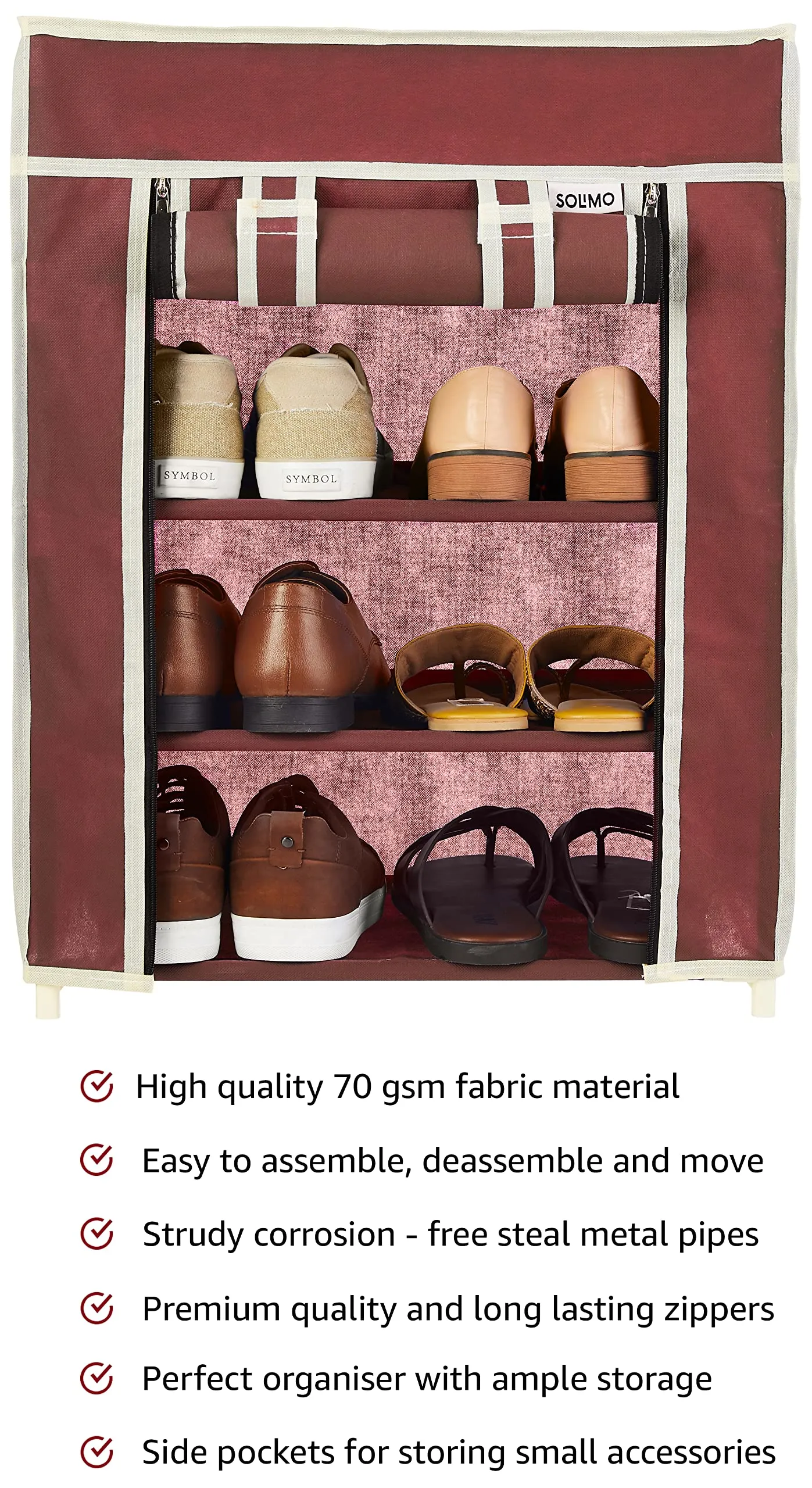 Amazon Brand - Solimo Alloy Steel Foldable Shoe Rack, 4 Layer, Brown, Economy, 45. X 45. X 81. Cm