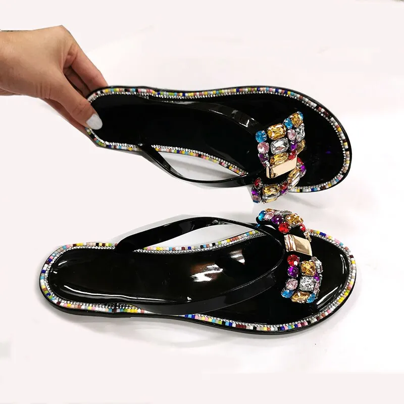 Amozae  2022 Summer Women Flip-Flops Big Diamond Lady Slippers Flash Drilling Colored Crystal  Beach Shoes Flat Female Footwear