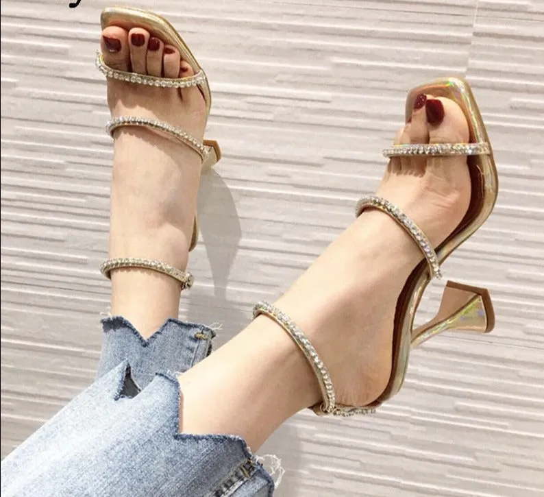 Amozae- 2024  New Design Square Toe Sandals Fashion Crystal Diamond PU Leather Ankle Buckle Strap Strange Heels Shoes Woman Summer