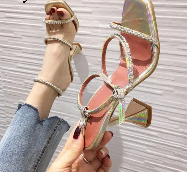 Amozae- 2024  New Design Square Toe Sandals Fashion Crystal Diamond PU Leather Ankle Buckle Strap Strange Heels Shoes Woman Summer