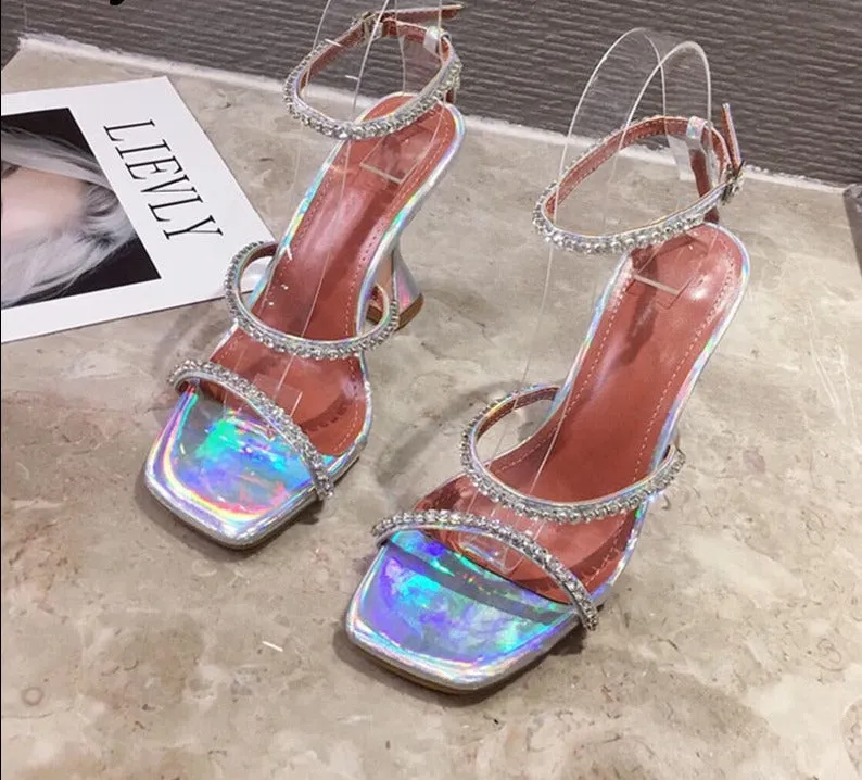 Amozae- 2024  New Design Square Toe Sandals Fashion Crystal Diamond PU Leather Ankle Buckle Strap Strange Heels Shoes Woman Summer