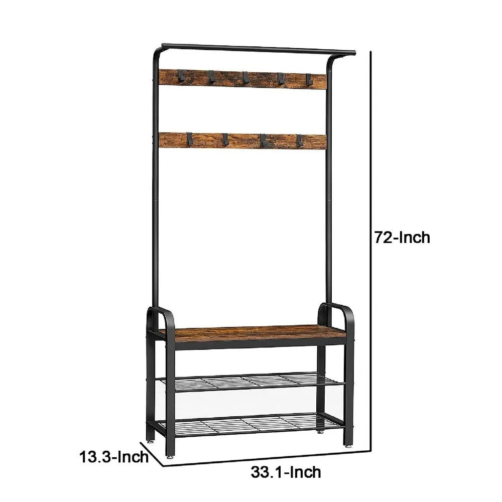 Ann 72 Inch Hallway Tree, Shoe Bench, 9 Hooks, Slatted Metal Shelf, Brown By Casagear Home