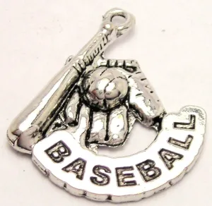 Baseball Glove Bat And Ball With Word Baseball Genuine American Pewter Charm