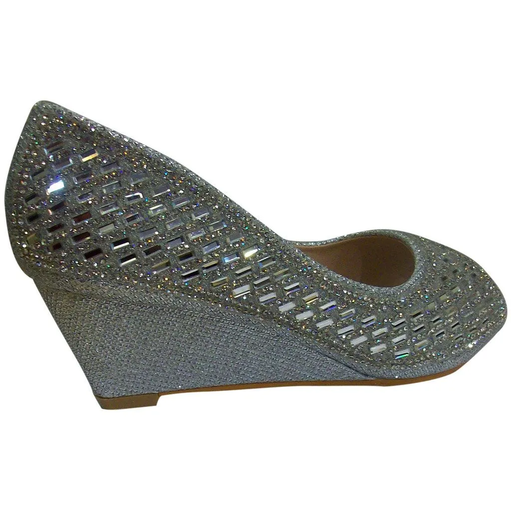 Bella Marie Women's Keira-2 Open Toe Glittery Rhinestone Wedge Shoes