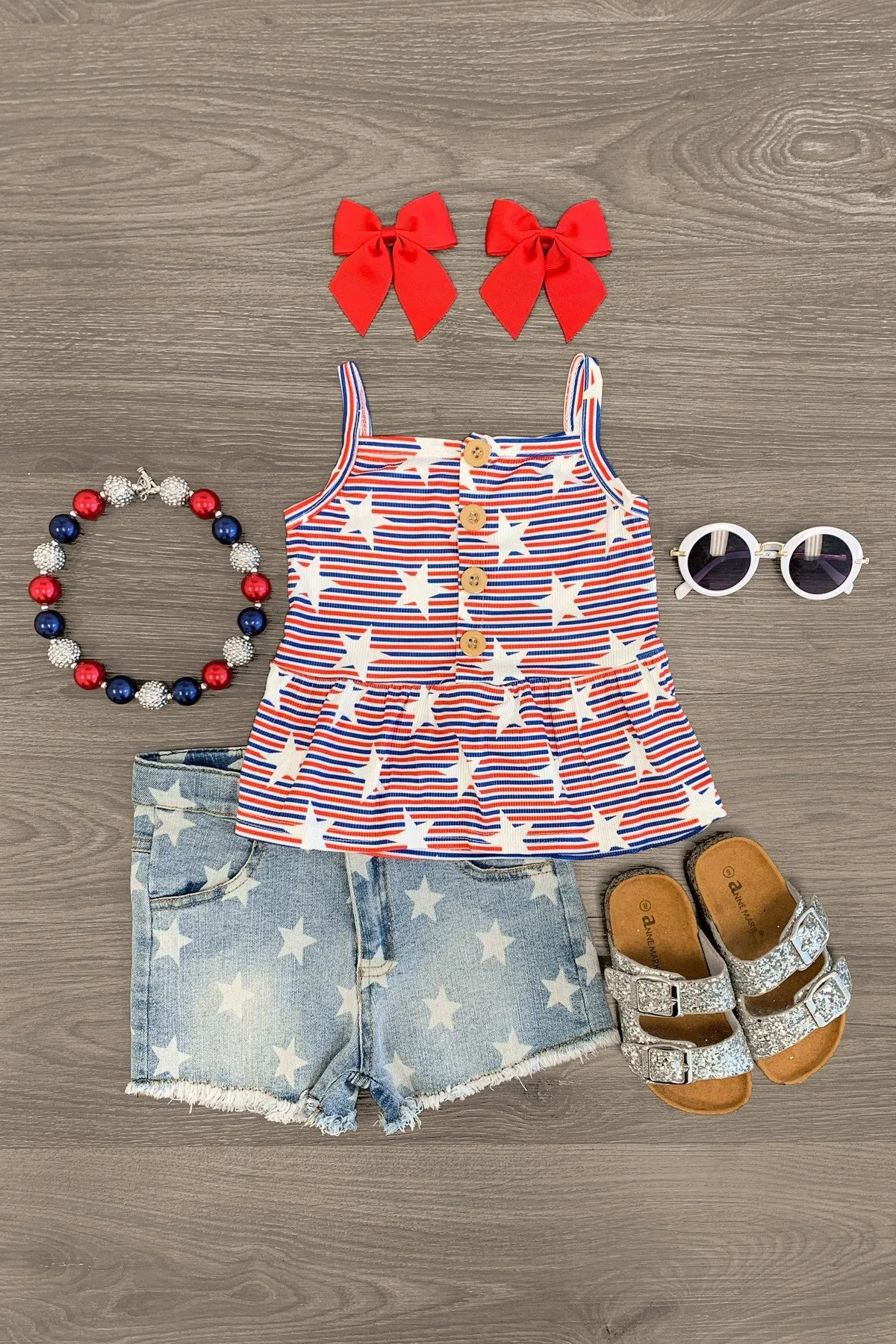 Blue & Red Striped Stars Button Up Tunic Tank Top