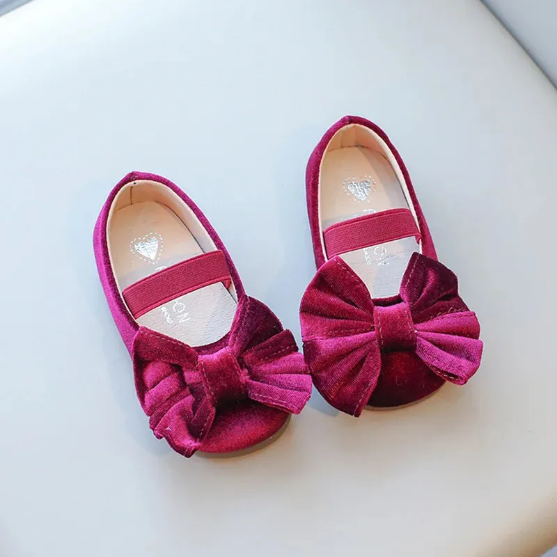 Bow children's single shoes Little girls princess shoes 2-9years old kids velvet shoes flat sole comfortable purple black