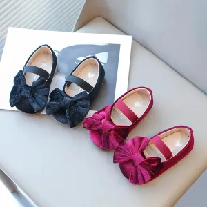 Bow children's single shoes Little girls princess shoes 2-9years old kids velvet shoes flat sole comfortable purple black