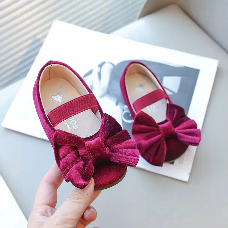 Bow children's single shoes Little girls princess shoes 2-9years old kids velvet shoes flat sole comfortable purple black