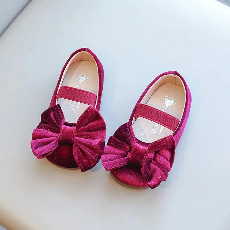 Bow children's single shoes Little girls princess shoes 2-9years old kids velvet shoes flat sole comfortable purple black