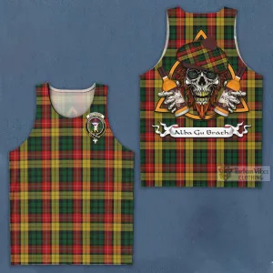 Buchanan Tartan Men's Tank Top with Family Crest and Bearded Skull Holding Bottles of Whiskey