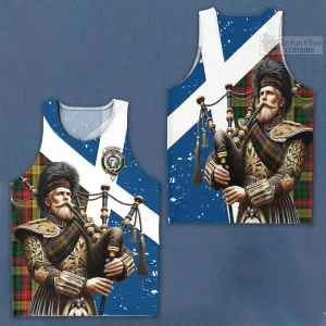 Buchanan Tartan Men's Tank Top with Family Crest Scottish Bagpiper Vibes