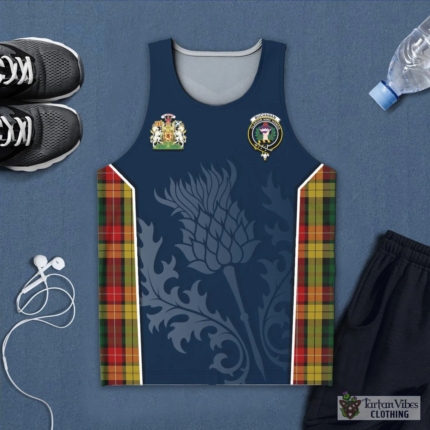 Buchanan Tartan Men's Tanks Top with Family Crest and Scottish Thistle Vibes Sport Style