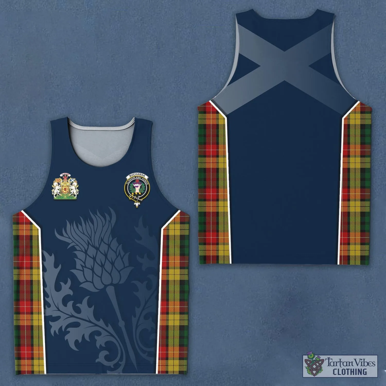 Buchanan Tartan Men's Tanks Top with Family Crest and Scottish Thistle Vibes Sport Style