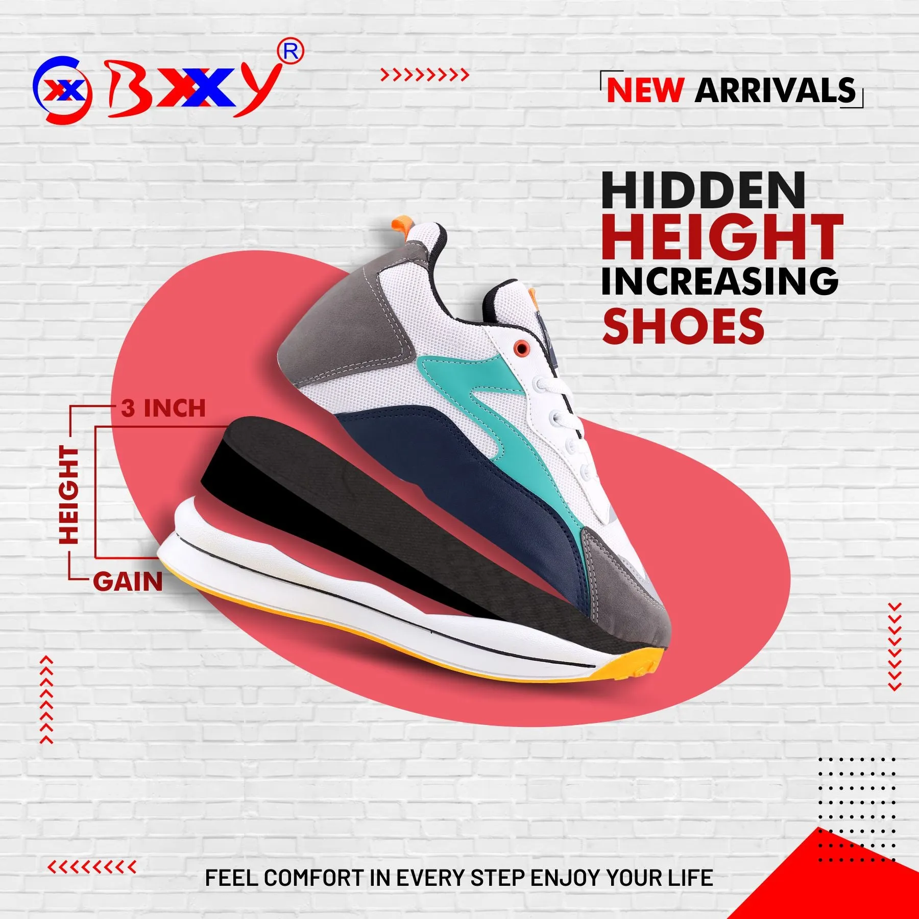 Bxxy Men's Stylish 3 Inch Hidden Height Increasing Casual Sports Lace-Up Shoes.