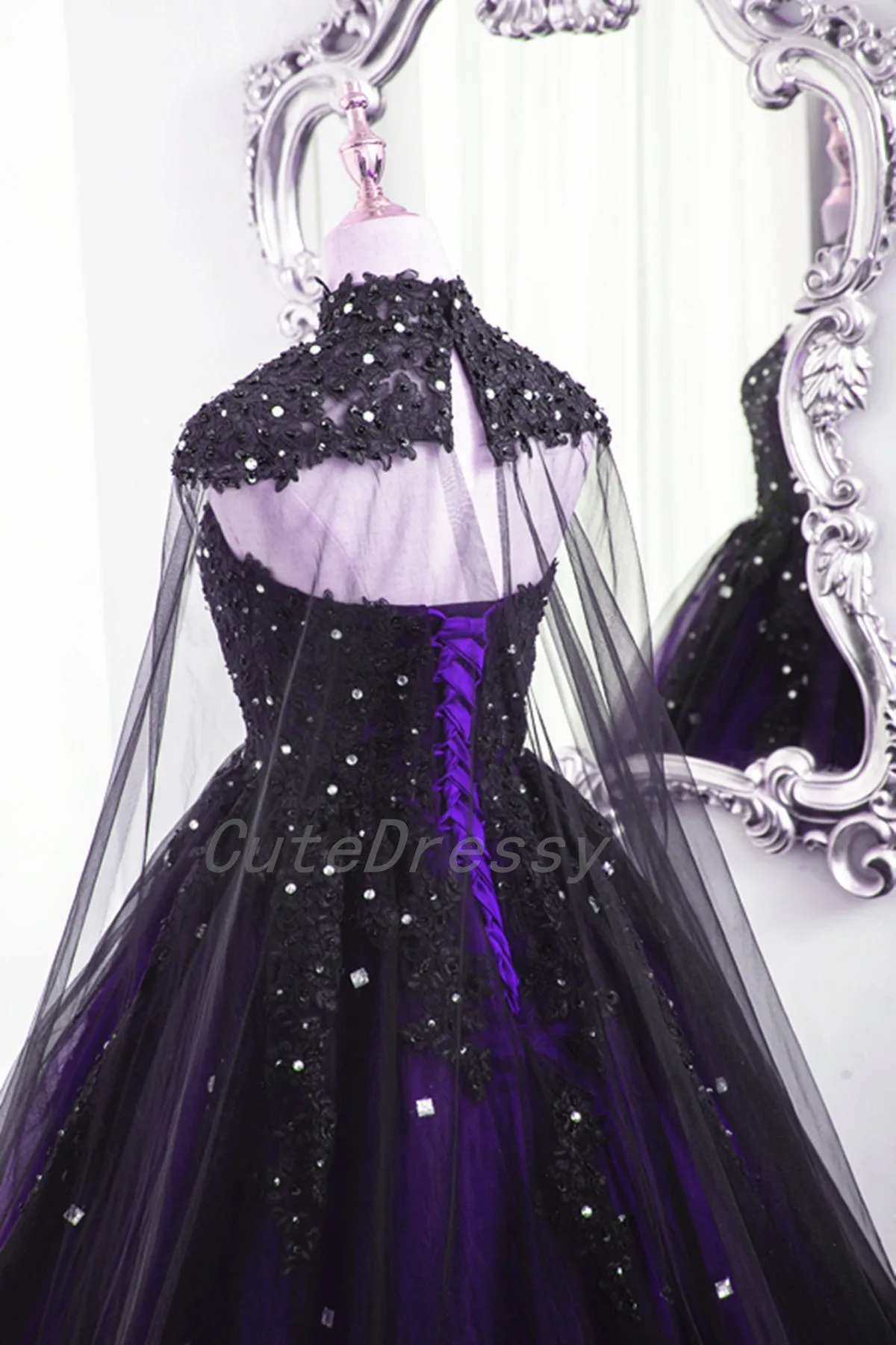 Charming Black and Purple Tulle with Lace Ball Gown Formal Dress, Black and Purple Sweet 16 Dress