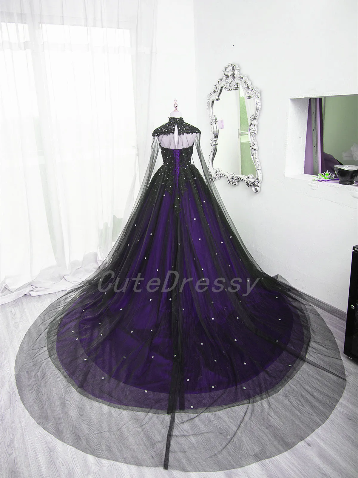 Charming Black and Purple Tulle with Lace Ball Gown Formal Dress, Black and Purple Sweet 16 Dress