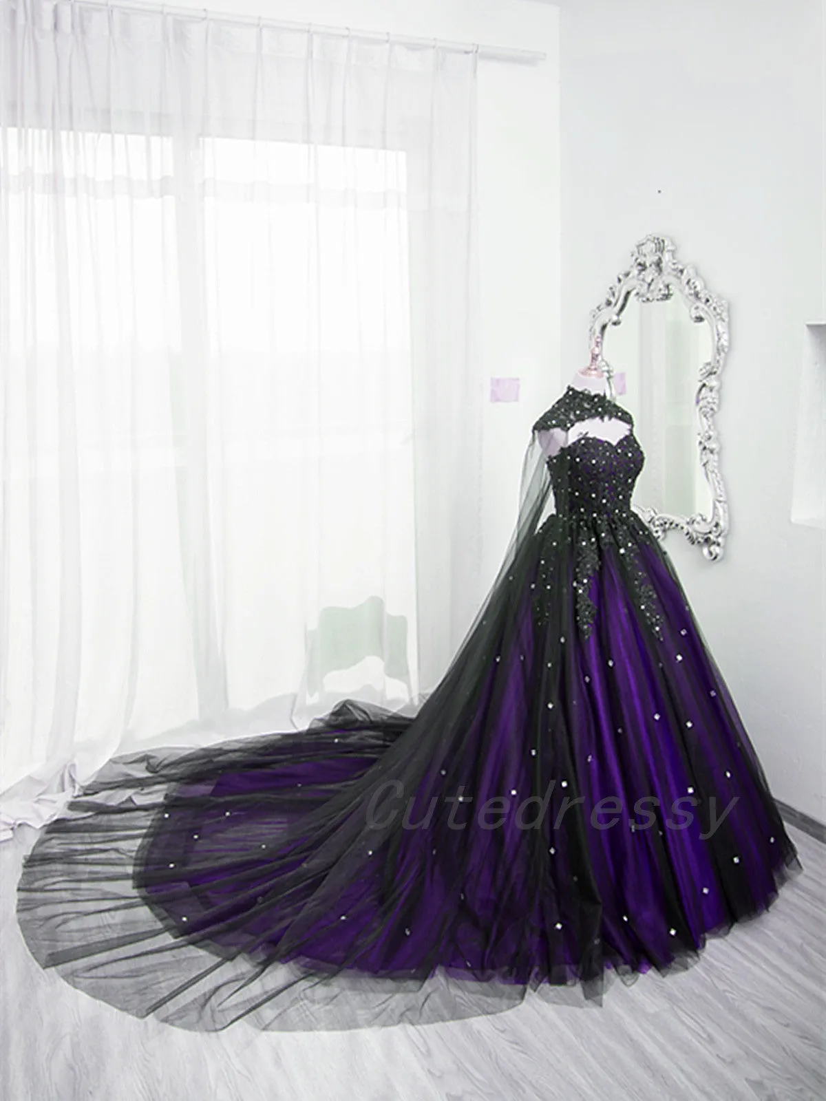 Charming Black and Purple Tulle with Lace Ball Gown Formal Dress, Black and Purple Sweet 16 Dress