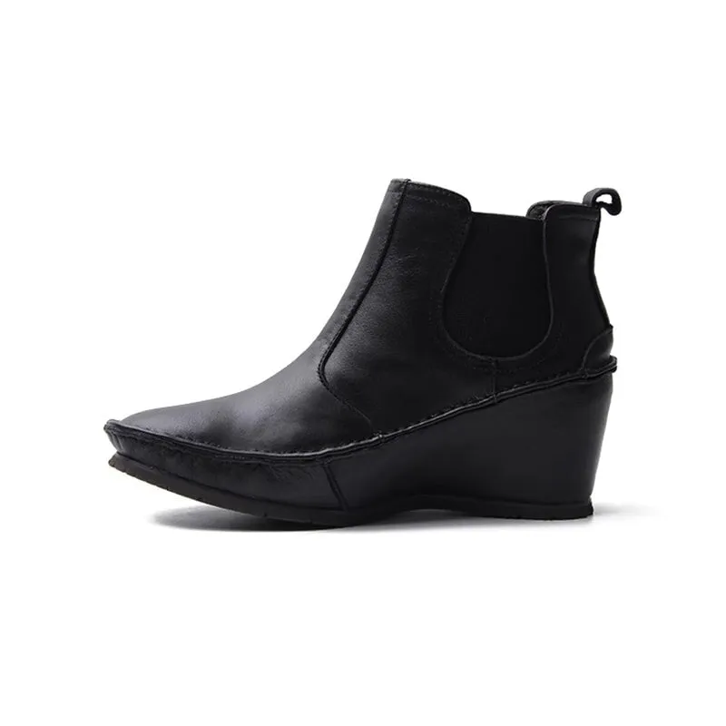 Chelsea Boots For Women Handmade Leather Short Boots Wedge Heel in Black/Nude