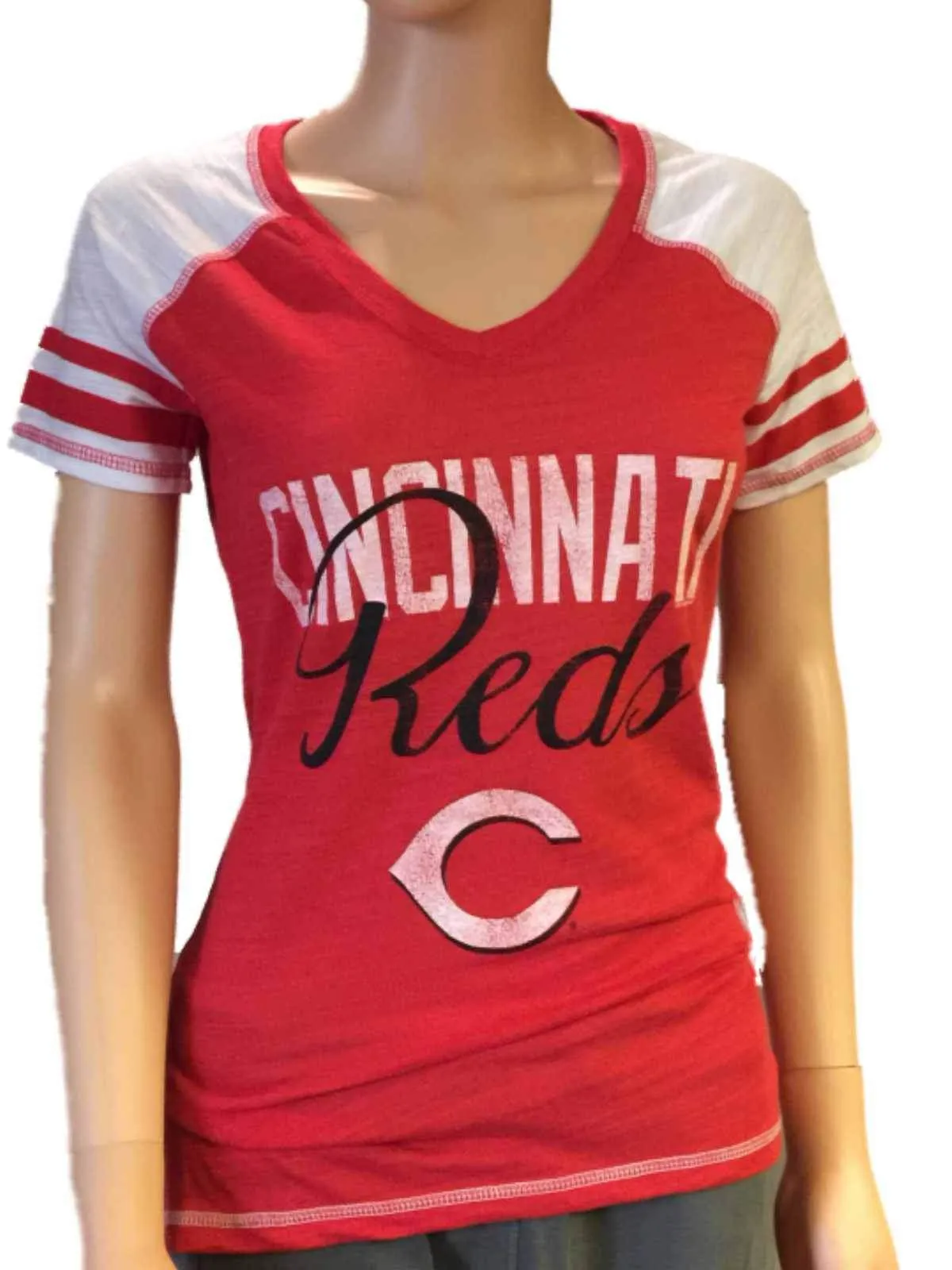 Cincinnati Reds SAAG Women Red Light Baseball Tri-Blend V-Neck T-Shirt