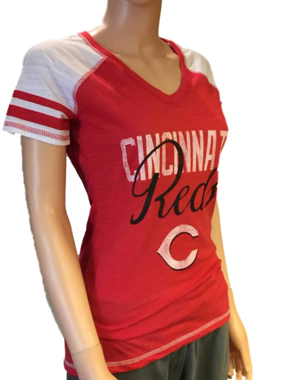 Cincinnati Reds SAAG Women Red Light Baseball Tri-Blend V-Neck T-Shirt