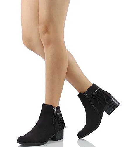 City Classified Women's Western MVE Shoes Pointy Toe Fringe Stacked Heel Ankle Bootie