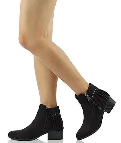 City Classified Women's Western MVE Shoes Pointy Toe Fringe Stacked Heel Ankle Bootie