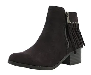 City Classified Women's Western MVE Shoes Pointy Toe Fringe Stacked Heel Ankle Bootie