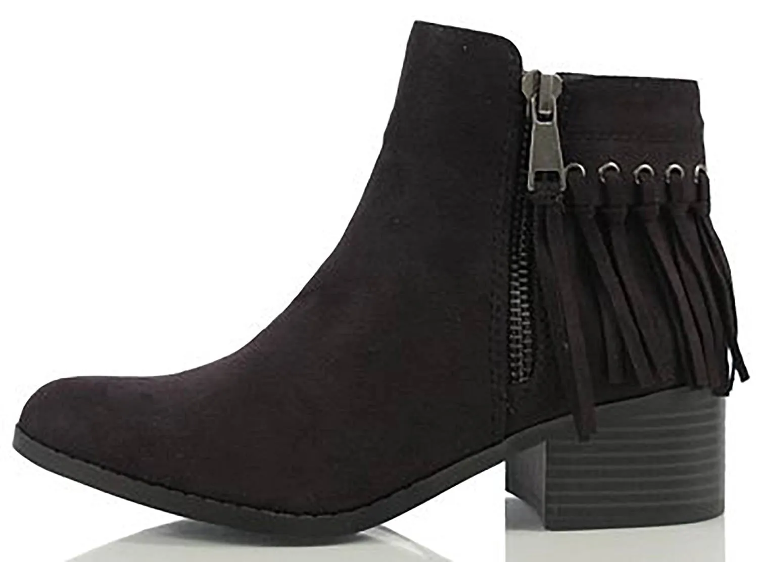 City Classified Women's Western MVE Shoes Pointy Toe Fringe Stacked Heel Ankle Bootie