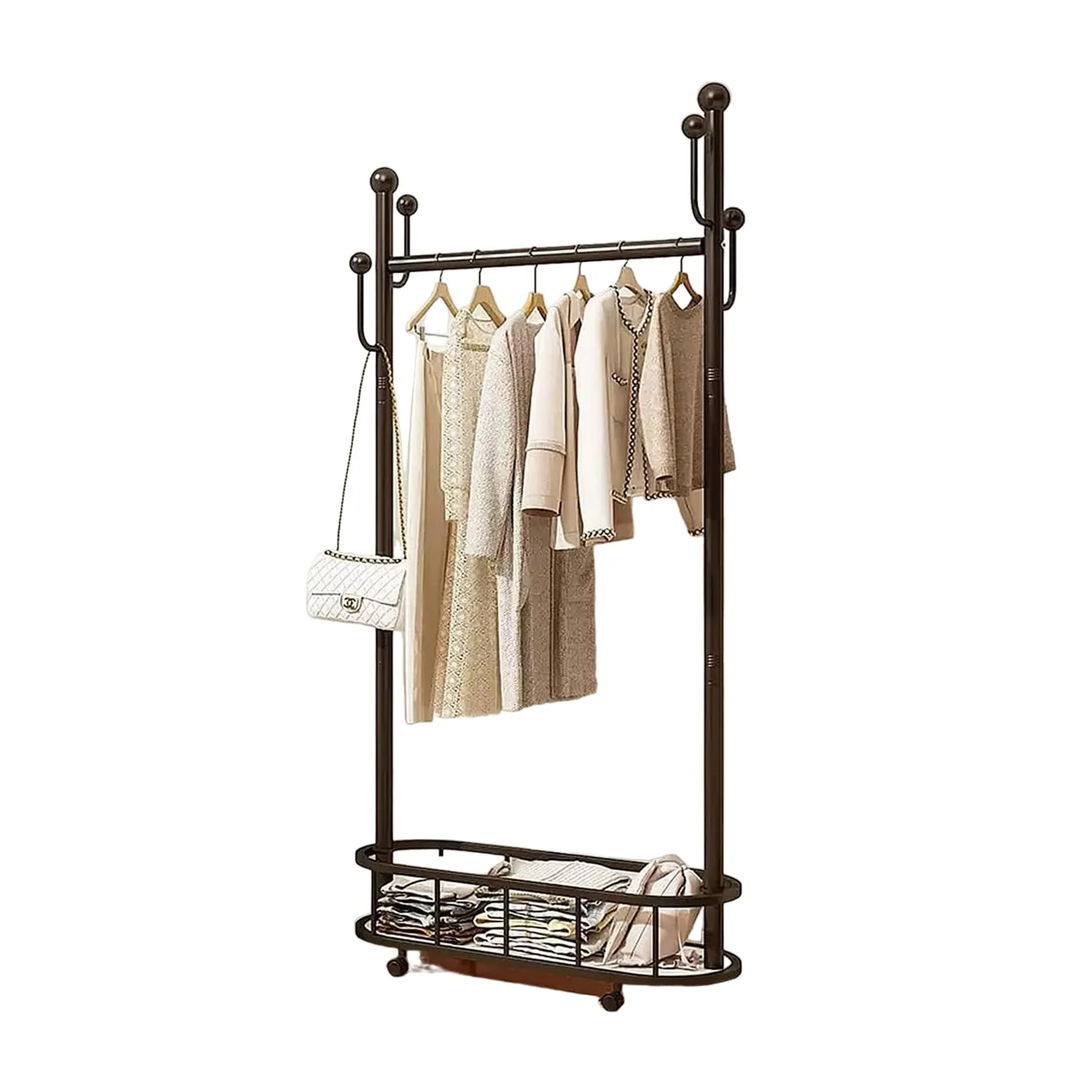 Clothes Rack On Wheels with Storage Basket-Black