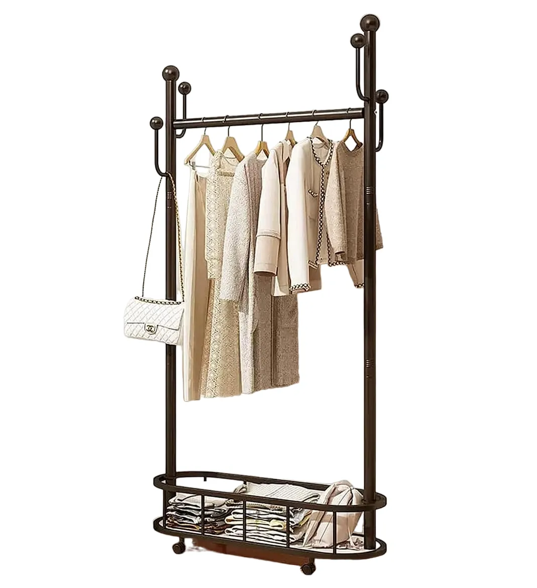 Clothes Rack On Wheels with Storage Basket-Black