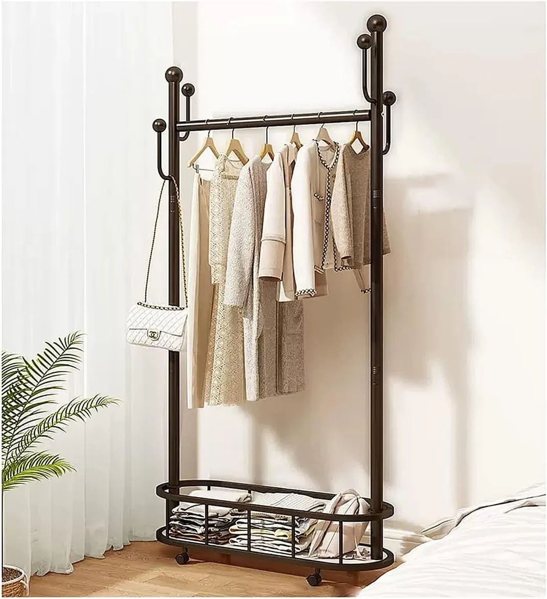 Clothes Rack On Wheels with Storage Basket-Black