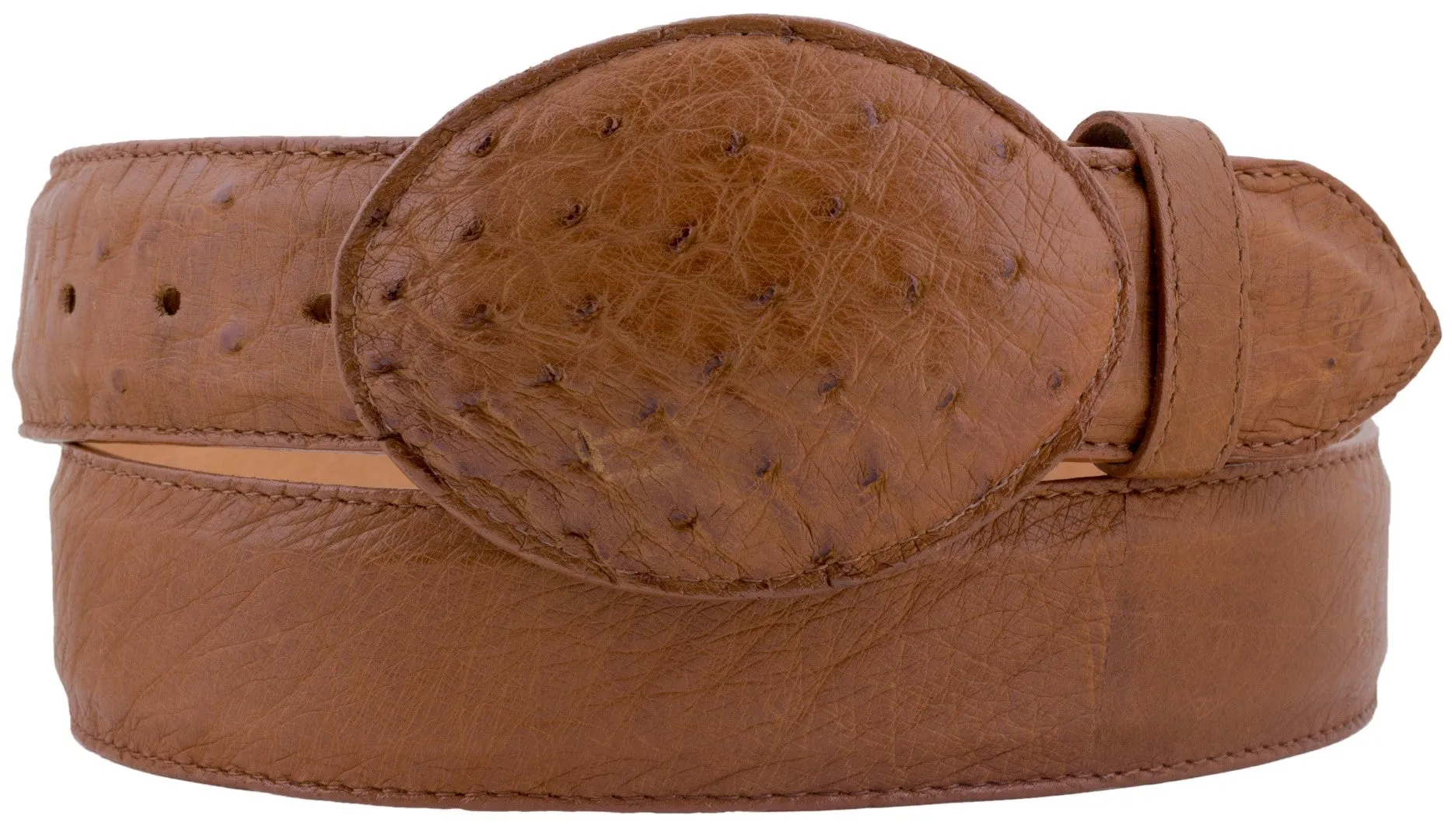 Cognac Western Cowboy Belt Real Ostrich Skin Leather - Rodeo Buckle