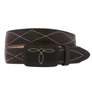 Dark Brown Western Cowboy Leather Belt Classic Embroidery - Rodeo Buckle