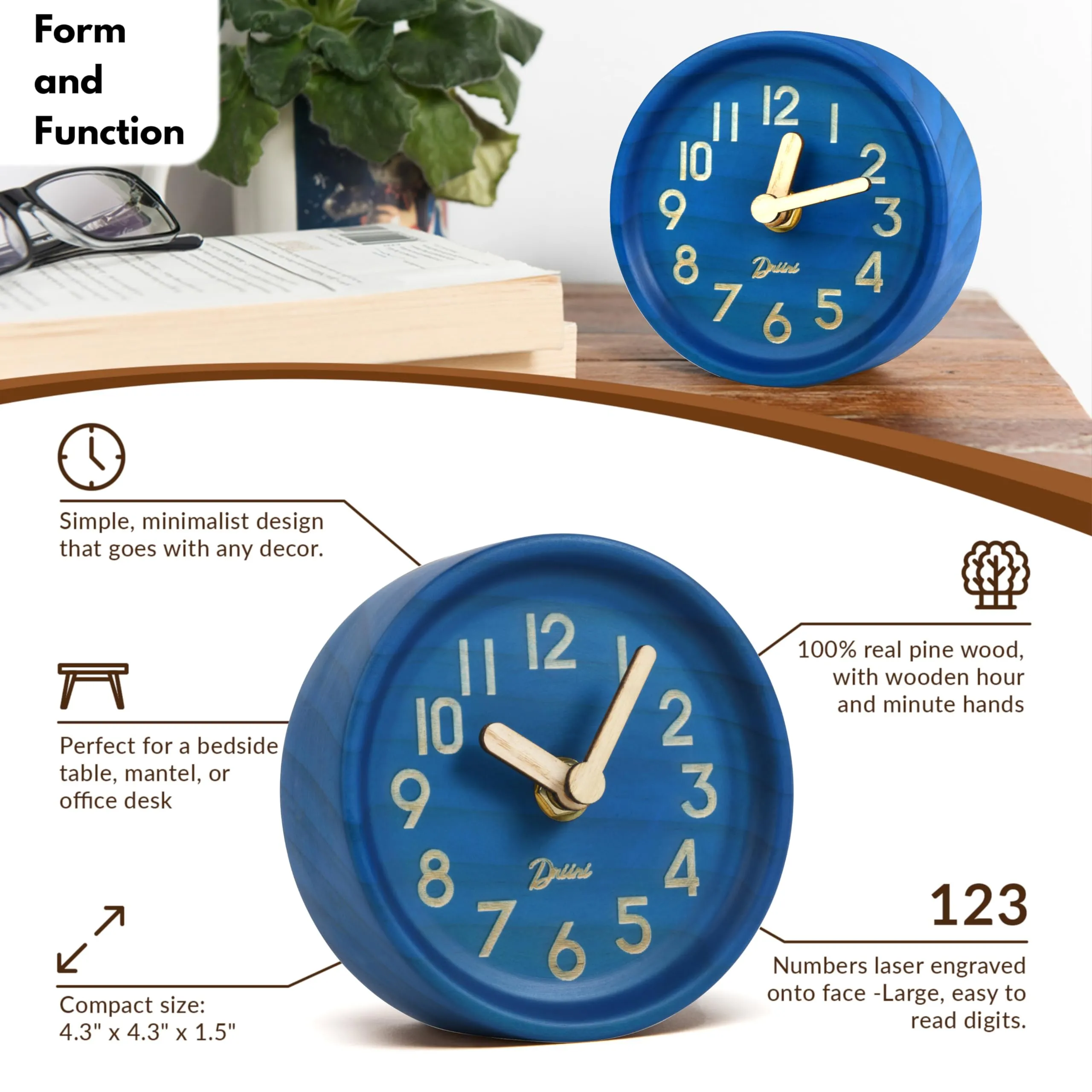 Driini Wooden Desk & Table Analog Clock Made of Genuine Pine - Battery Operated with Precise Silent Sweep Mechanism (Midnight)