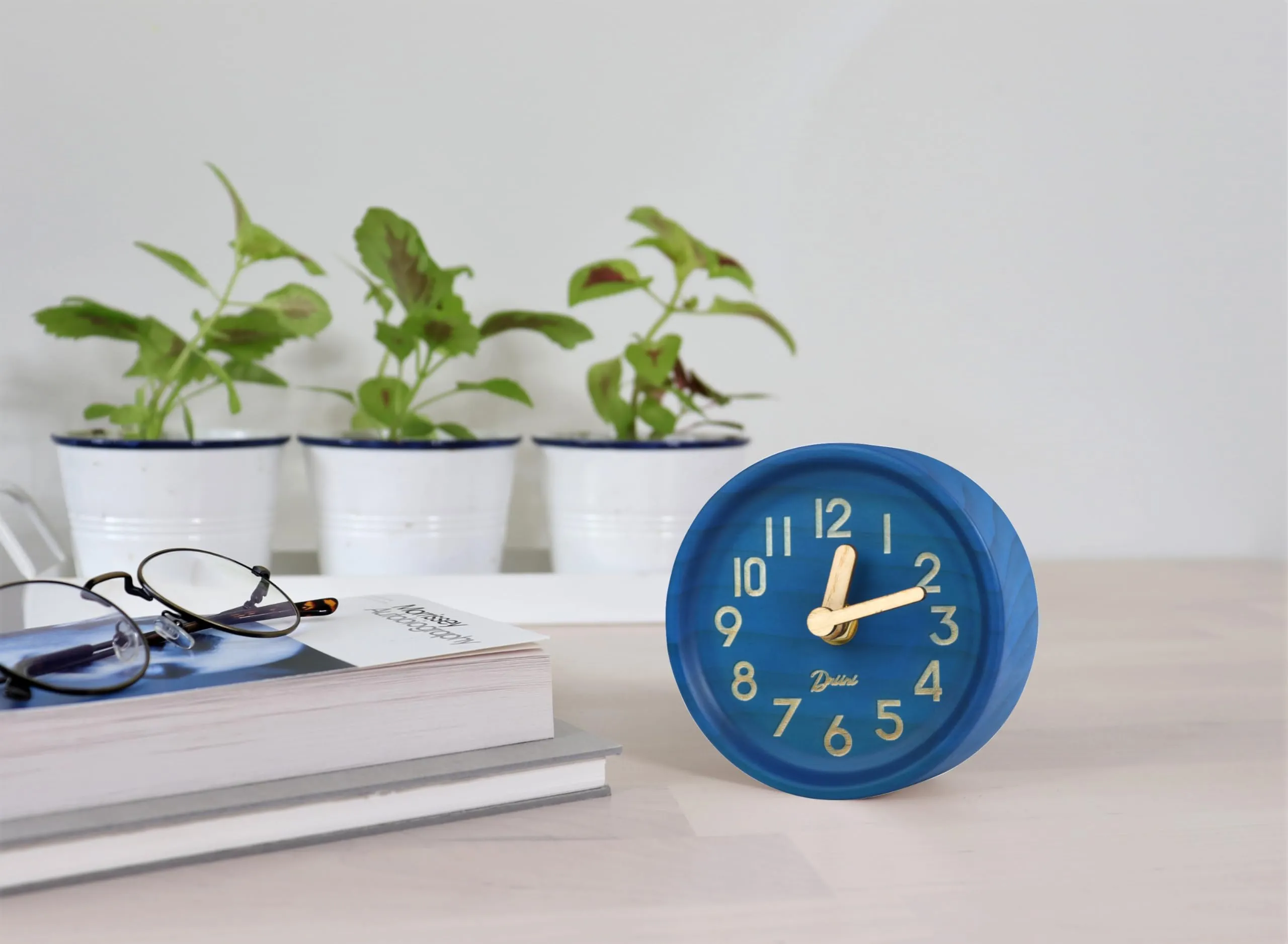 Driini Wooden Desk & Table Analog Clock Made of Genuine Pine - Battery Operated with Precise Silent Sweep Mechanism (Midnight)