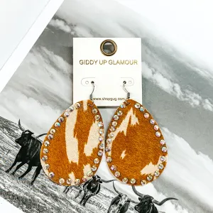 Faux Cowhide Teardrop Earrings with AB Crystal Outline in Ivory and Tan Cow Print