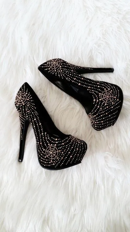 FAUX SUEDE RHINESTONE HEELS