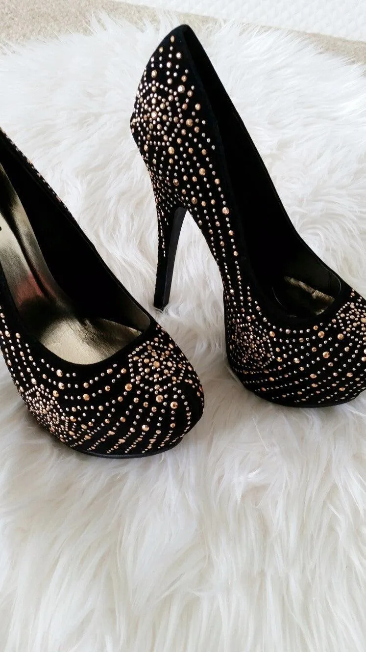 FAUX SUEDE RHINESTONE HEELS