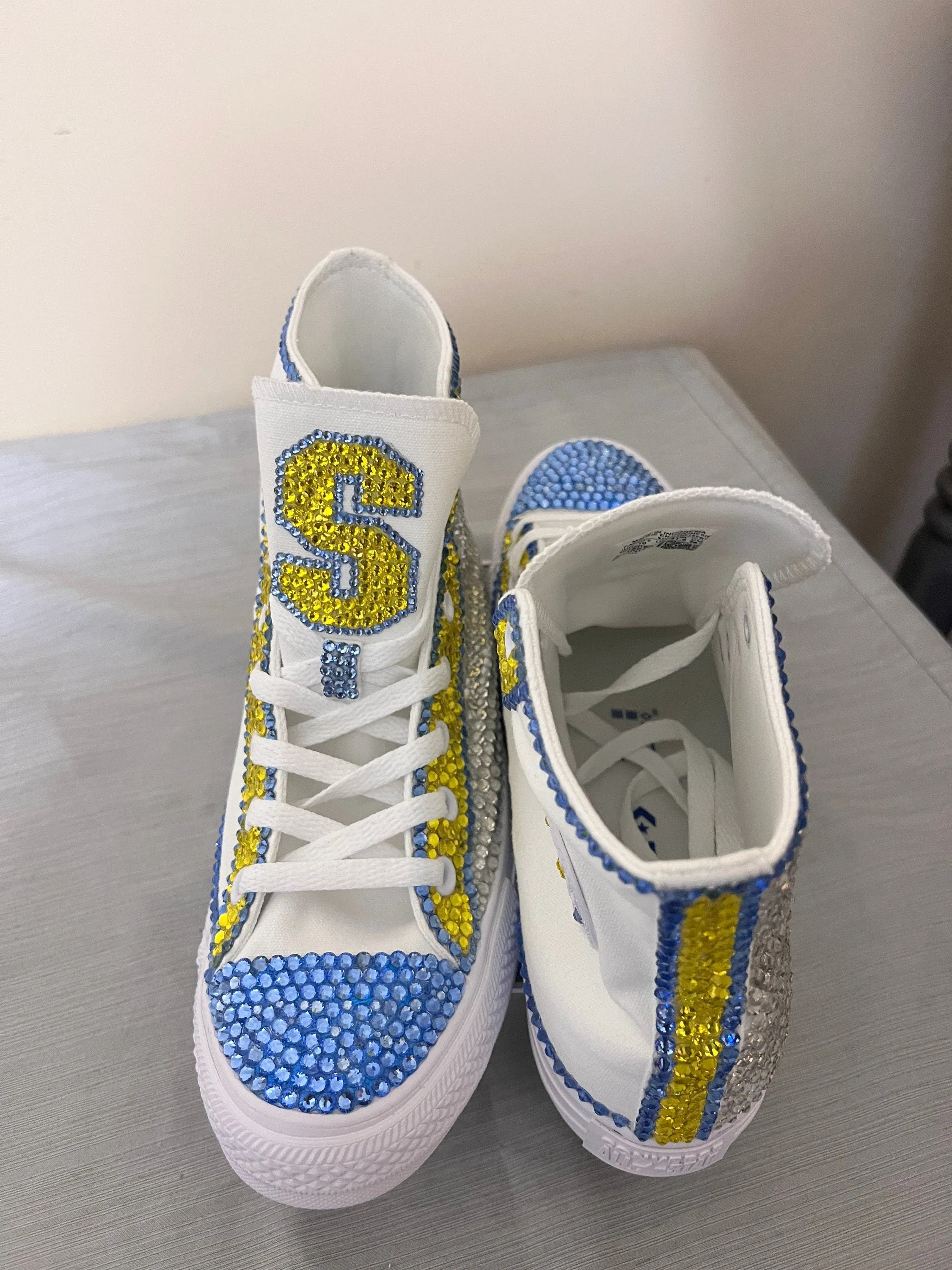 Fully Rhinestoned Professional or College Hi-Top Tennis Shoes, converse, wedding, quinceanera, bling shoes