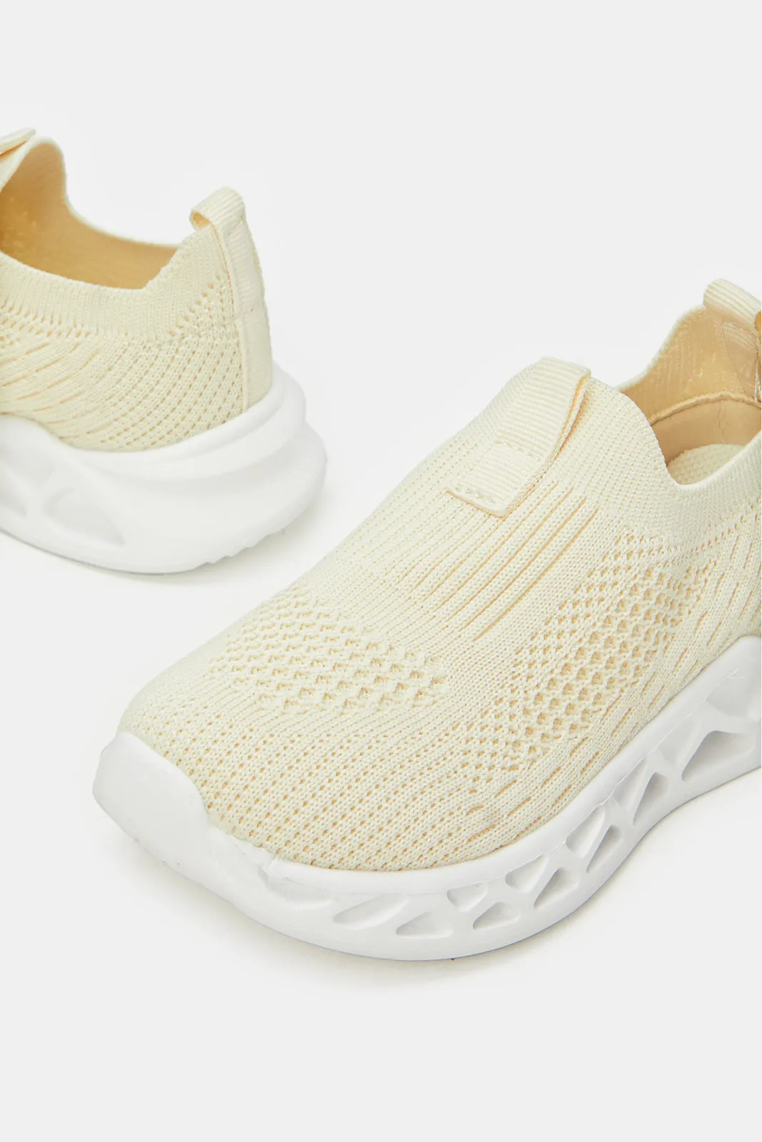 Girls Cream Fly-Knit Slip On Sneakers