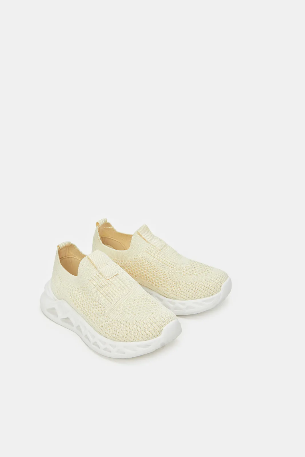 Girls Cream Fly-Knit Slip On Sneakers