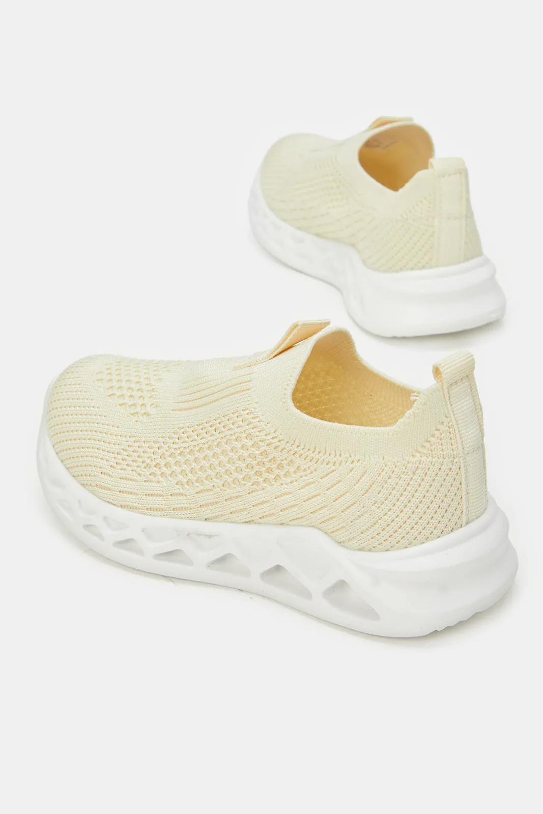 Girls Cream Fly-Knit Slip On Sneakers