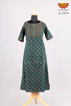 Girls Green Hand Block Printed Ajrakh Kurti