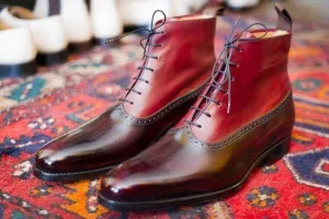 Handmade Brown Burgundy Leather Lace Up Boot