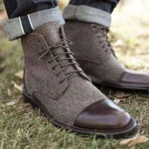 Handmade Brown Leather Tweed Cap Toe Boot