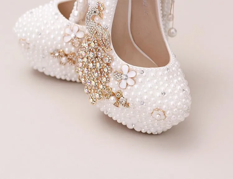 Handmade High Heels Round Toe Pearls Crystal Wedding Shoes, SY0112