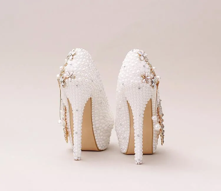 Handmade High Heels Round Toe Pearls Crystal Wedding Shoes, SY0112